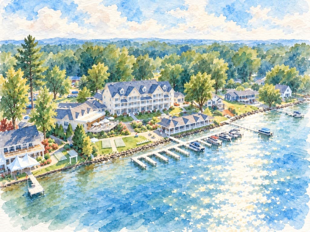 Watercolor of Bay Pointe Inn on the shore of Gun Lake